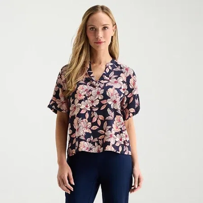 Liz Claiborne Womens Tall V Neck Short Sleeve Satin Blouse In Blue
