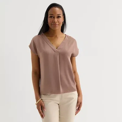 Liz Claiborne Womens Tall V Neck Short Sleeve Satin Blouse In Brown