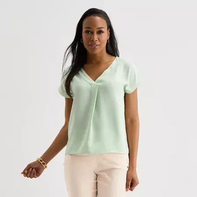 Liz Claiborne Womens Tall V Neck Short Sleeve Satin Blouse In Green