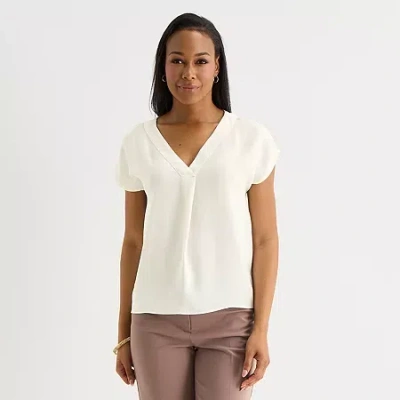 Liz Claiborne Womens Tall V Neck Short Sleeve Satin Blouse In White