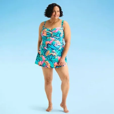 Liz Claiborne Womens Tropical Floral Plus Swim Dress In Blue