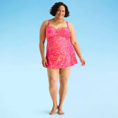 Liz Claiborne Womens Tropical Leaf Plus Swim Dress In Pink