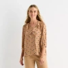 Liz Claiborne Womens V Neck 3/4 Sleeve Blouse In Brown