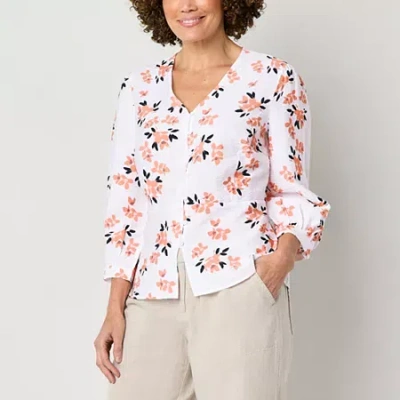 Liz Claiborne Womens V Neck 3/4 Sleeve Peplum Top In Orange