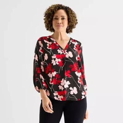 Liz Claiborne Womens V Neck 3/4 Sleeve Satin Blouse In Black