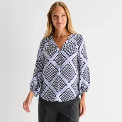 Liz Claiborne Womens V Neck 3/4 Sleeve Satin Blouse In Blue