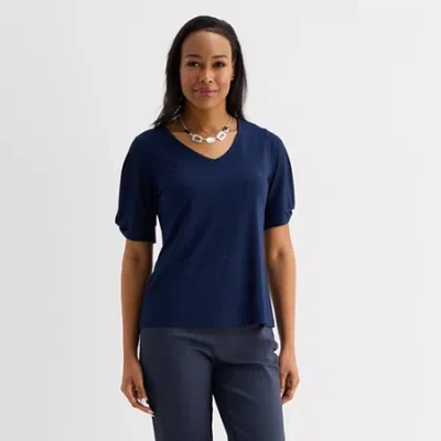 Liz Claiborne Womens V Neck Elbow Sleeve Blouse In Blue