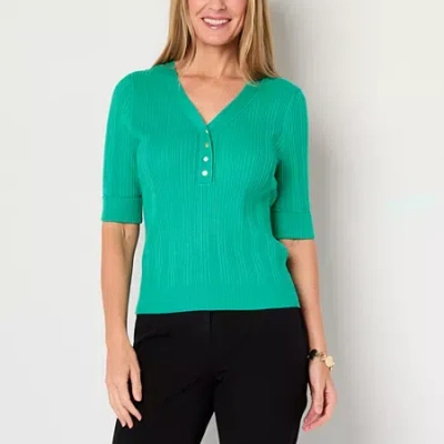 Liz Claiborne Womens V Neck Elbow Sleeve Pullover Sweater In Green