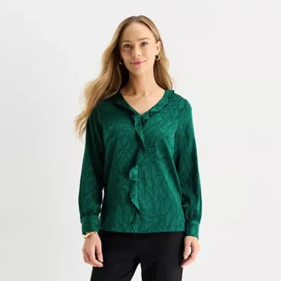 Liz Claiborne Womens V Neck Long Sleeve Blouse In Green