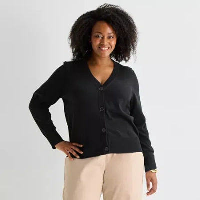 Liz Claiborne Womens V Neck Long Sleeve Button Cardigan In Black