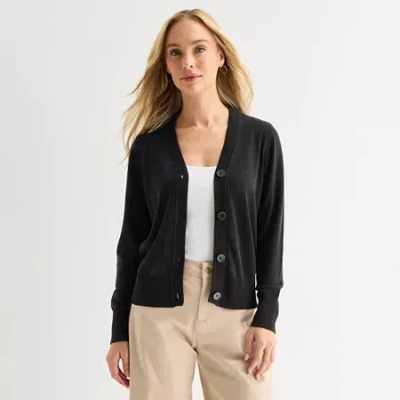 Liz Claiborne Womens V Neck Long Sleeve Button Cardigan In Black