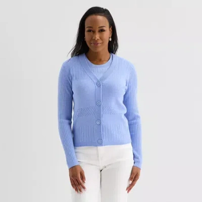 Liz Claiborne Womens V Neck Long Sleeve Button Cardigan In Blue