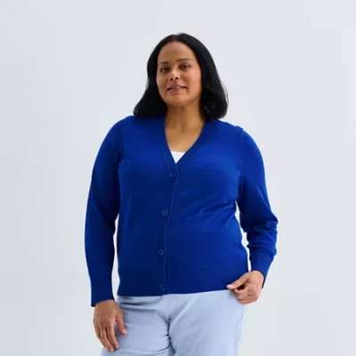 Liz Claiborne Womens V Neck Long Sleeve Button Cardigan In Blue