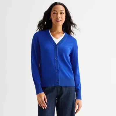 Liz Claiborne Womens V Neck Long Sleeve Button Cardigan In Blue