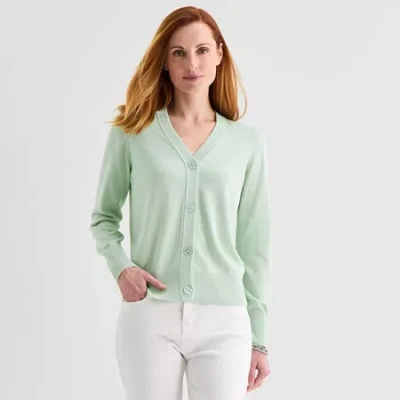 Liz Claiborne Womens V Neck Long Sleeve Button Cardigan In Green