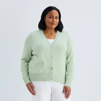 Liz Claiborne Womens V Neck Long Sleeve Button Cardigan In Green