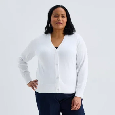 Liz Claiborne Womens V Neck Long Sleeve Button Cardigan In White