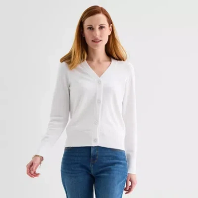 Liz Claiborne Womens V Neck Long Sleeve Button Cardigan In White