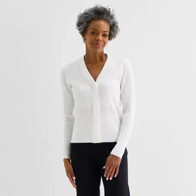Liz Claiborne Womens V Neck Long Sleeve Button Cardigan In White