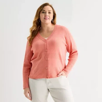 Liz Claiborne Womens V Neck Long Sleeve Button Plus Cardigan In Pink