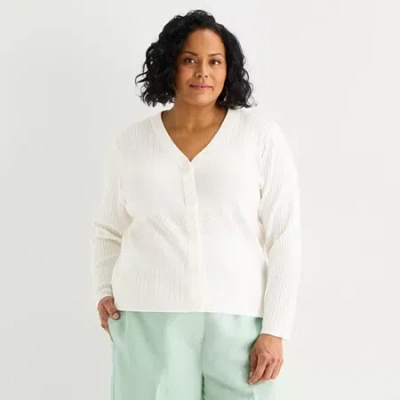 Liz Claiborne Womens V Neck Long Sleeve Button Plus Cardigan In White