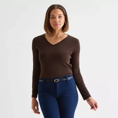 Liz Claiborne Womens V Neck Long Sleeve T-shirt In Brown