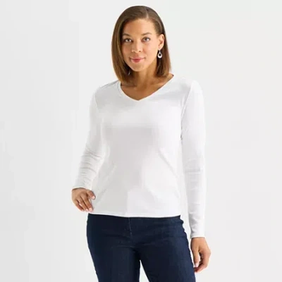 Liz Claiborne Womens V Neck Long Sleeve T-shirt In White