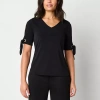 Liz Claiborne Womens V Neck Short Sleeve Blouse In Black