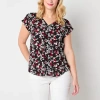 Liz Claiborne Womens V Neck Short Sleeve Blouse In Black
