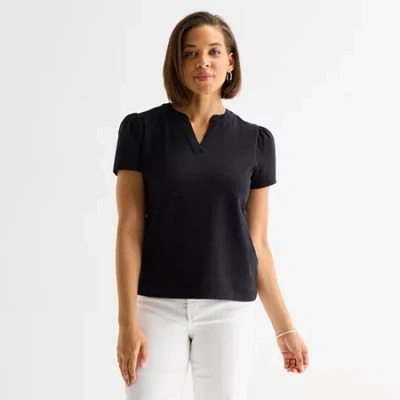 Liz Claiborne Womens V Neck Short Sleeve Blouse In Black