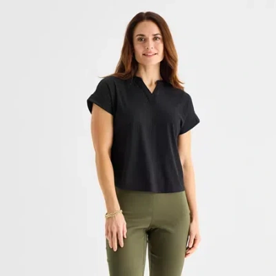 Liz Claiborne Womens V Neck Short Sleeve Blouse In Black