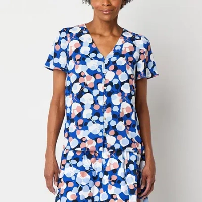 Liz Claiborne Womens V Neck Short Sleeve Blouse In Blue