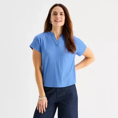 Liz Claiborne Womens V Neck Short Sleeve Blouse In Blue