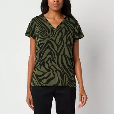 Liz Claiborne Womens V Neck Short Sleeve Blouse In Green