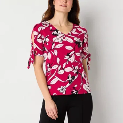 Liz Claiborne Womens V Neck Short Sleeve Blouse In Red