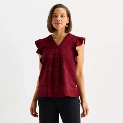Liz Claiborne Womens V Neck Short Sleeve Blouse In Red