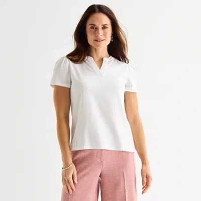 Liz Claiborne Womens V Neck Short Sleeve Blouse In White