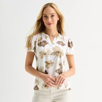Liz Claiborne Womens V Neck Short Sleeve Blouse In White
