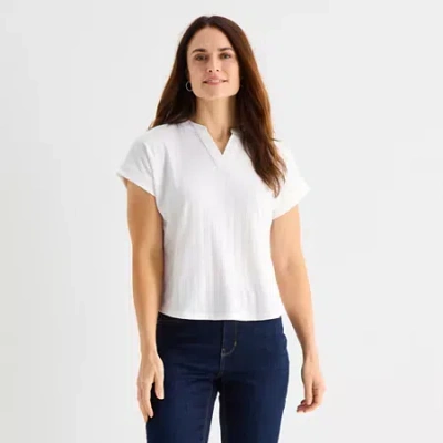 Liz Claiborne Womens V Neck Short Sleeve Blouse In White