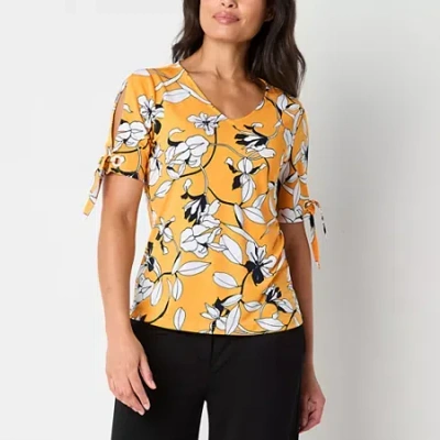Liz Claiborne Womens V Neck Short Sleeve Blouse In Yellow