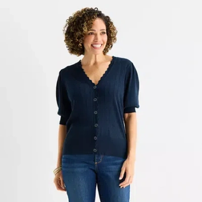 Liz Claiborne Womens V Neck Short Sleeve Button Cardigan In Blue