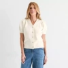 Liz Claiborne Womens V Neck Short Sleeve Button Cardigan In White