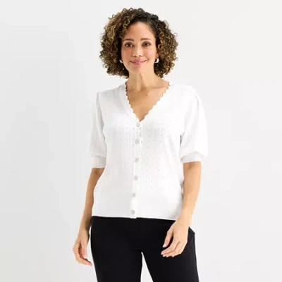 Liz Claiborne Womens V Neck Short Sleeve Button Cardigan In White