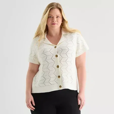 Liz Claiborne Womens V Neck Short Sleeve Button Plus Cardigan In White