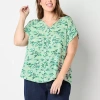 Liz Claiborne Womens V Neck Short Sleeve Plus Blouse In Green