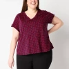 Liz Claiborne Womens V Neck Short Sleeve Plus Blouse In Red