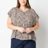 Liz Claiborne Womens V Neck Short Sleeve Plus Blouse In Neutral