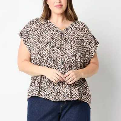 Liz Claiborne Womens V Neck Short Sleeve Plus Blouse In Sand