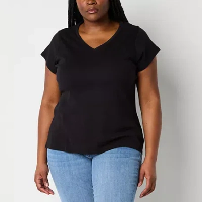 Liz Claiborne Womens V Neck Short Sleeve Plus T-shirt In Black