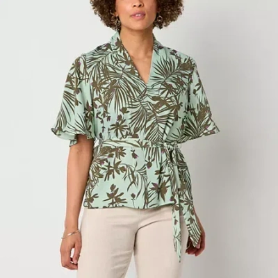 Liz Claiborne Womens V Neck Short Sleeve Satin Blouse In Green